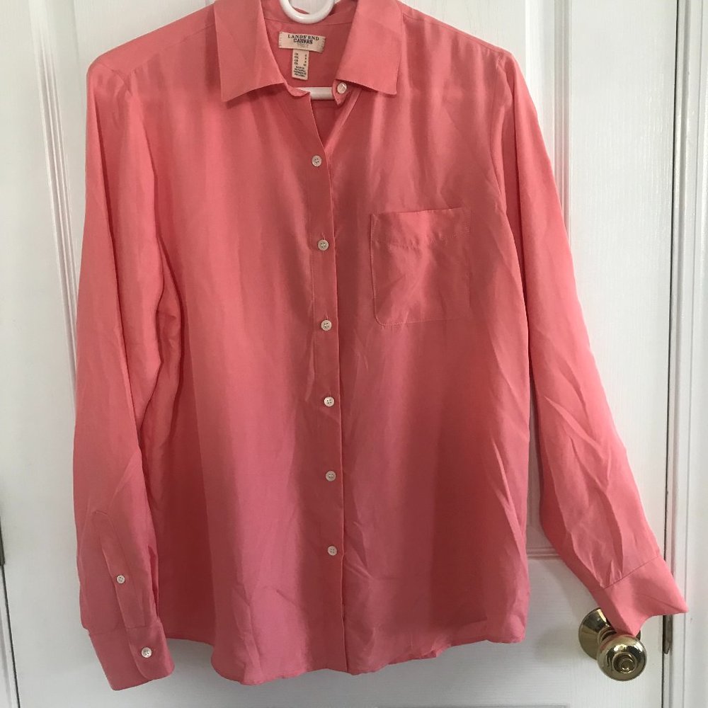Land's End Silk Long-Sleeve Button-Down Collared Blouse - S